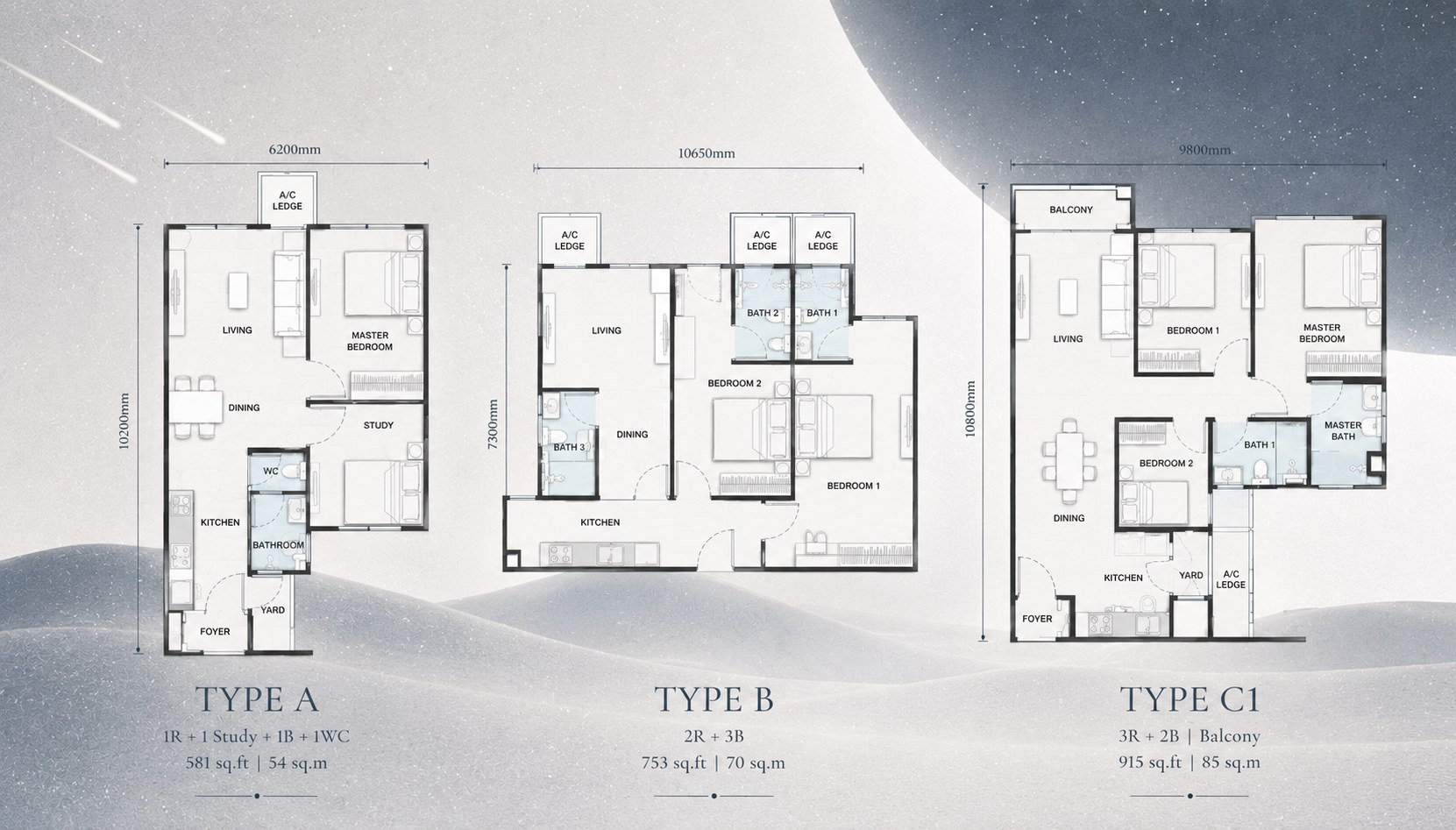 The Celestz floor plans — Type A, Type B and Type C1